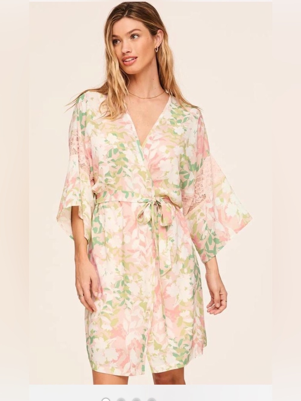 *Adore Me* Sz L Floral Tie-Waist Kimono Robe in Pastel Pink & Green